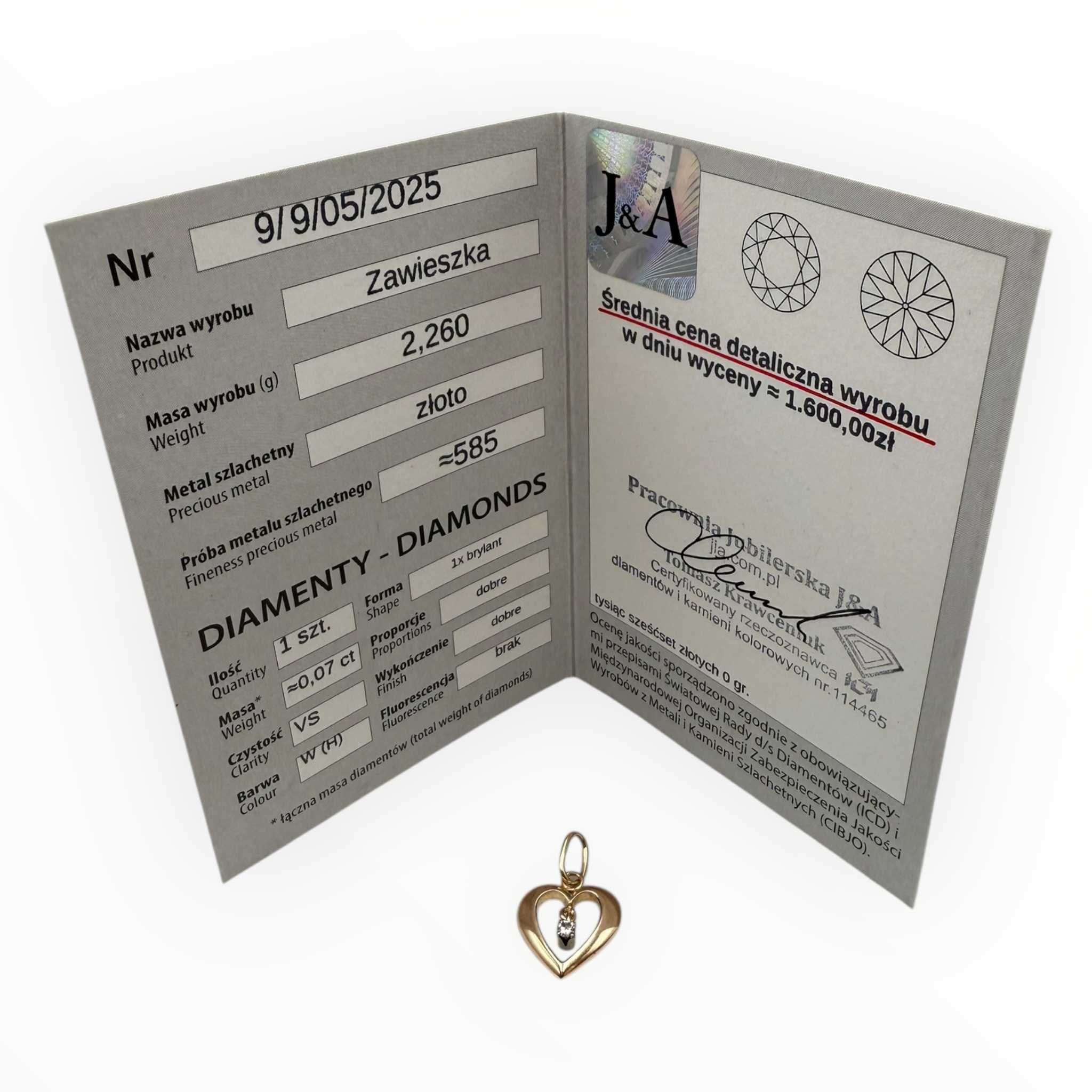 Złota zawieszka z brylantem PR.585 14K - CERTYFIKAT