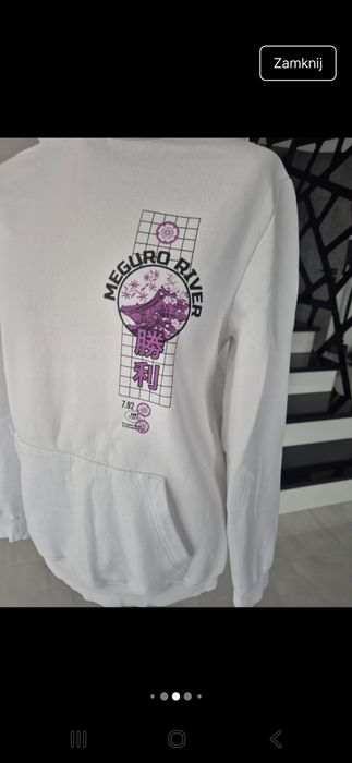 Biała bluza z kapturem oversize japan style bluza z nadrukiem Bershka