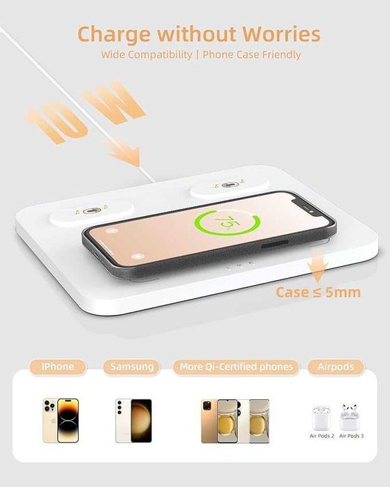 EZVALO Stacja ładująca 3 w 1, ładowarka, lampka LED, głośnik Bluetooth