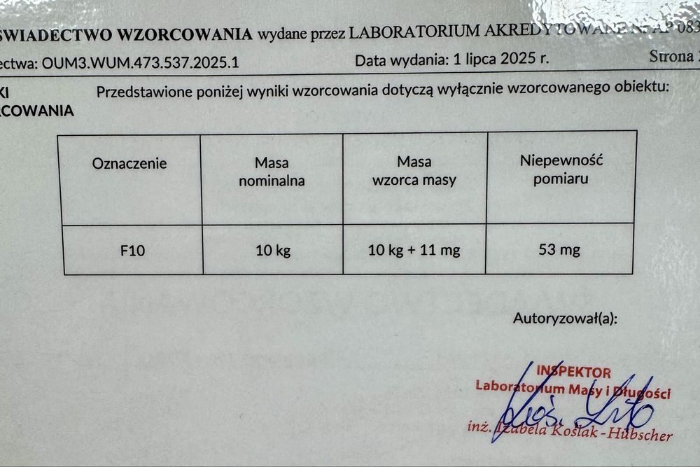 Wzorce masy F2 (15 kg) + świadectwa wzorcowania