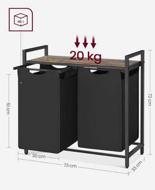 Kosz wolnostojący na pranie Vasagle 2 x 46L, 73 x 33 x 72 cm