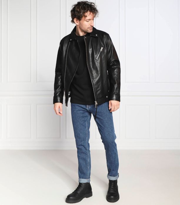 Кожаная куртка Guess, косуха Guess, размер L, натуральная кожа овчина