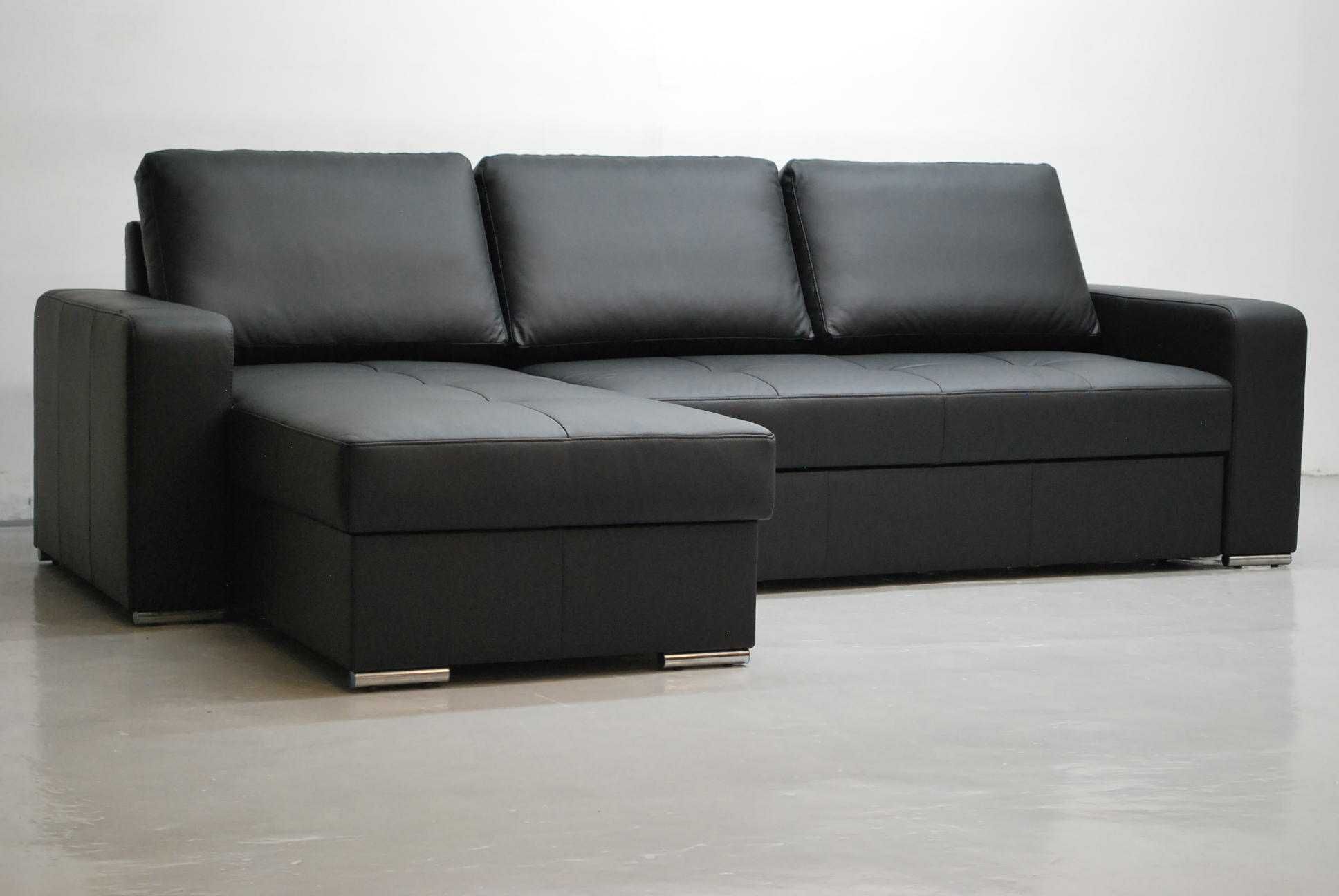 czarny SKÓRA NATURALNA NAROŻNIK spanie pojemnik 6605, sofa kanapa