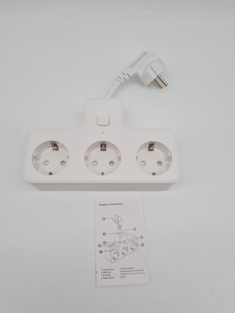 Listwa zasilająca 3 gniazda Adapter z 3x USB