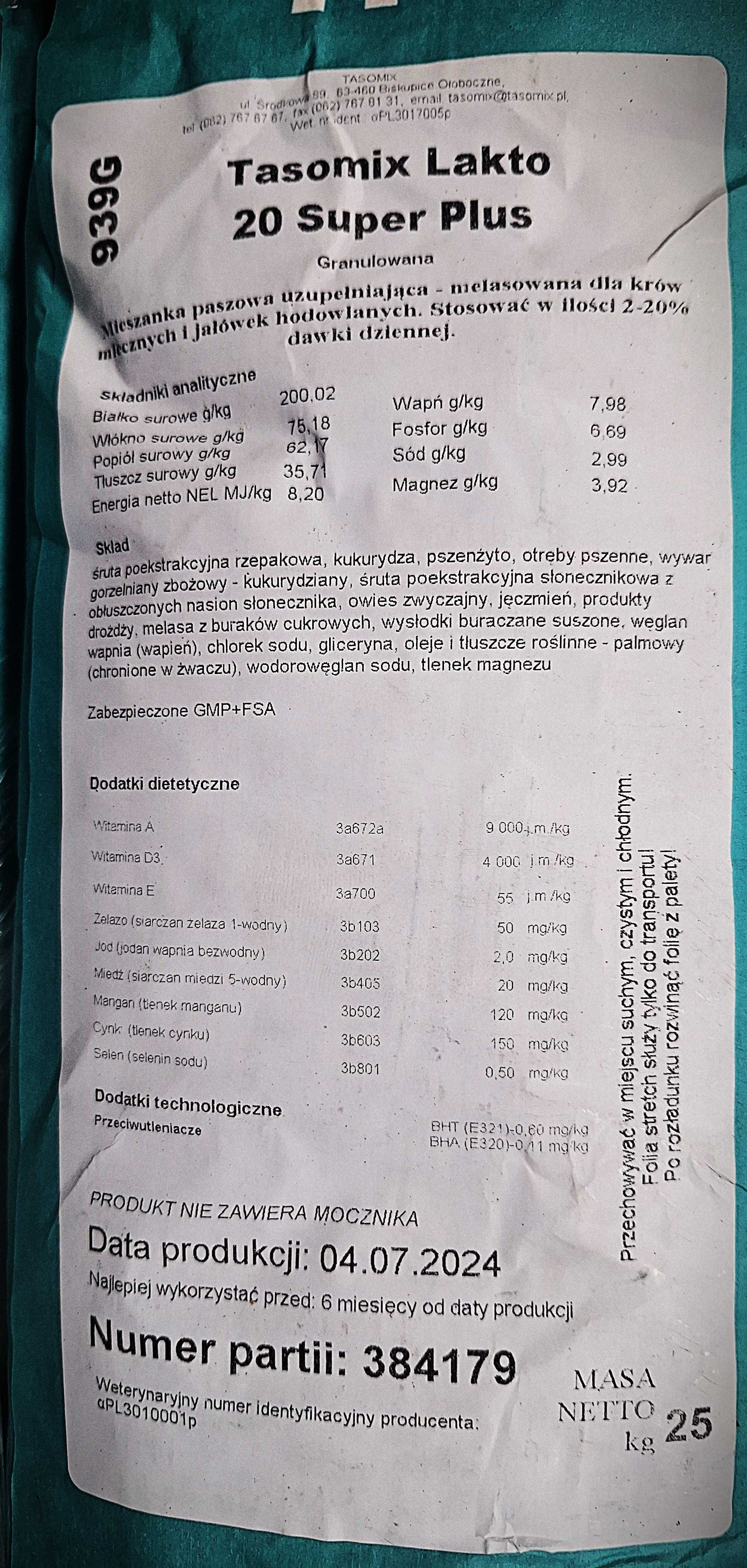 Pasza dla bydła mlecznego/krów 8,2 MJ Energii! 1000 kg DOSTAWA GRATIS