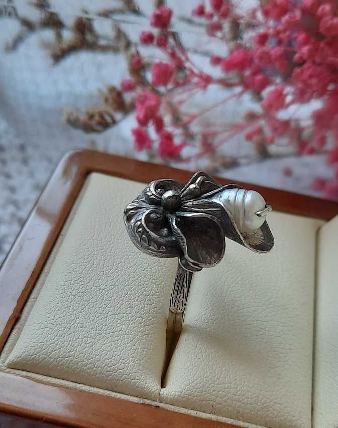 Antyk srebrny perła naturalna kwiat pierścionek unikat Vintage
