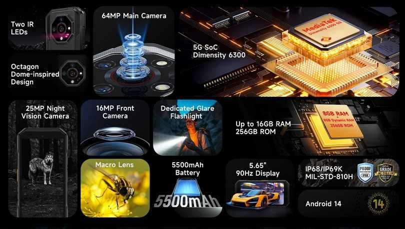 Ulefone Armor X32 pro 5g, 5.6", Dim 6300, 90Hz, 8/256Gb, 5500mA, NFC
