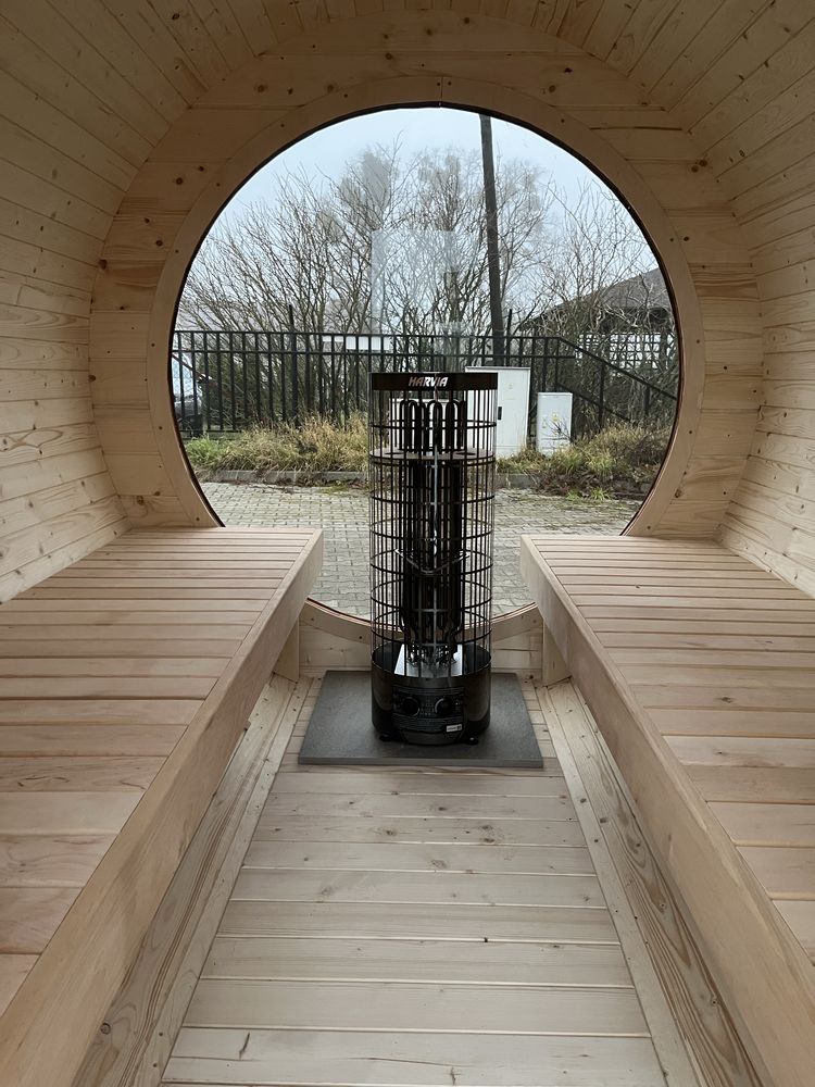 Sauna Ogrodowa Beczka 300cm z Przedsionkiem i Piecem Elektrycznym