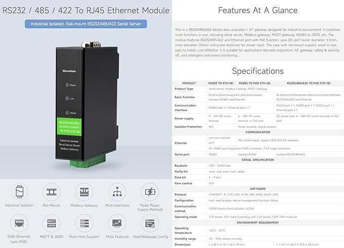 Moduł Ethernet Waveshare RS232/485/422 na RJ45 TCP/IP port szeregowy