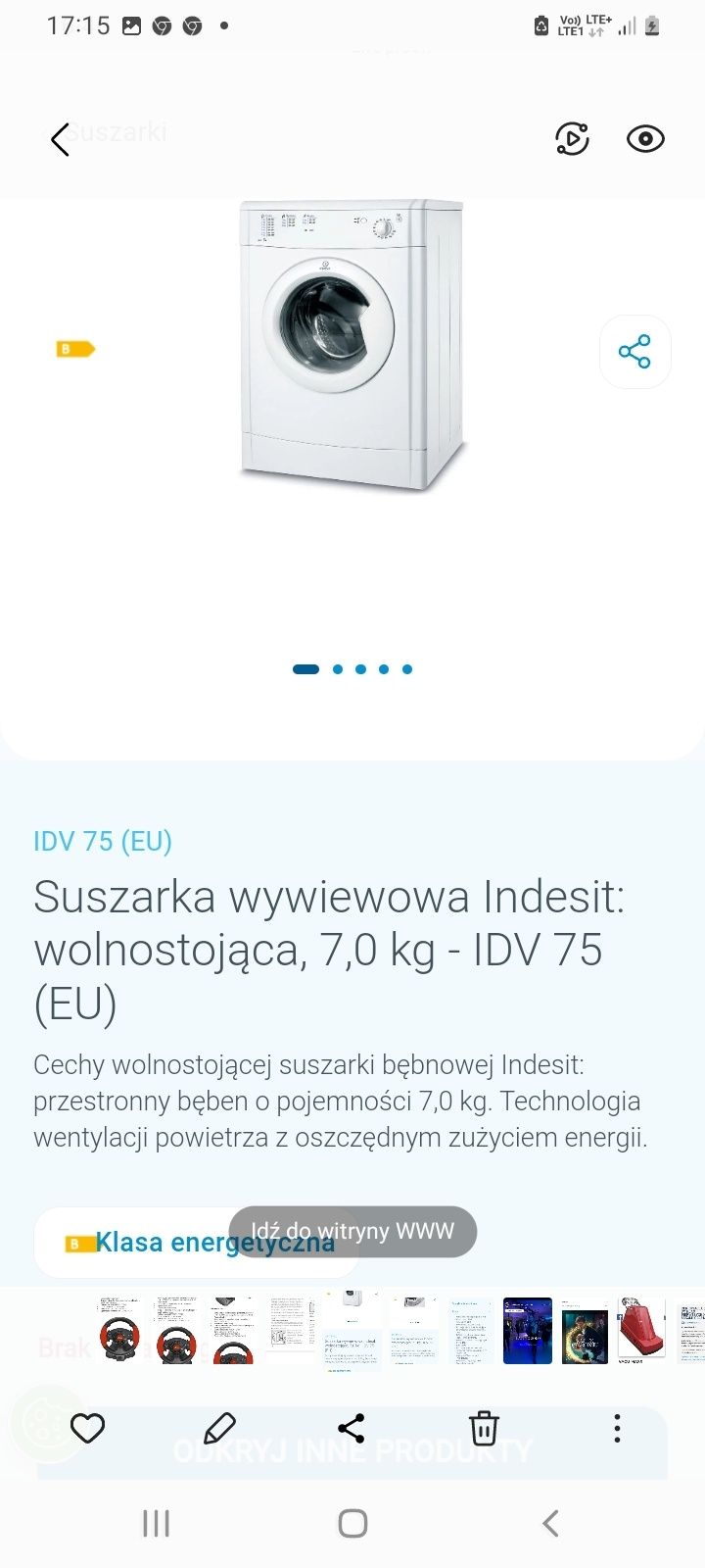 Suszarka wywiewowa Indesit: wolnostojąca, 7,0 kg - IDV 75 (EU)