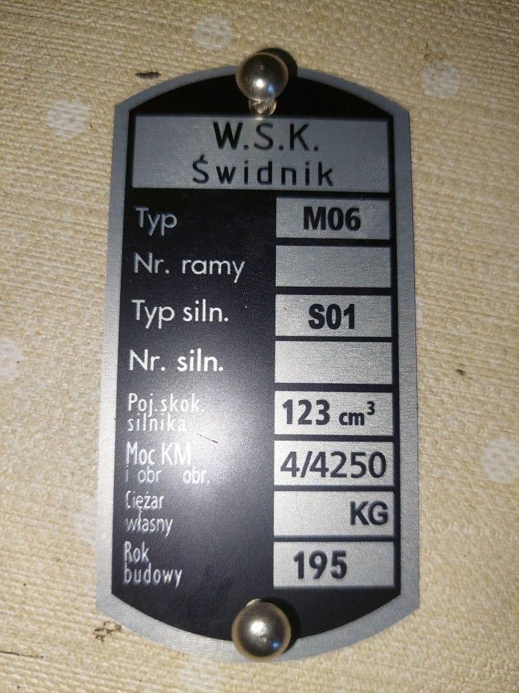 Nowa tabliczka glowki ramy wsk 125 M06 ,z lat 50-tych+nity