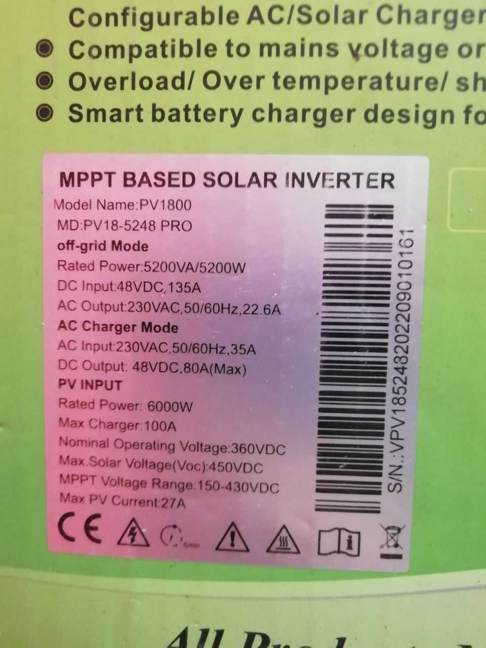 Інвертор Must PV18-5248PRO, 48 В, 80 А, 5200 Вт,  стан: новий