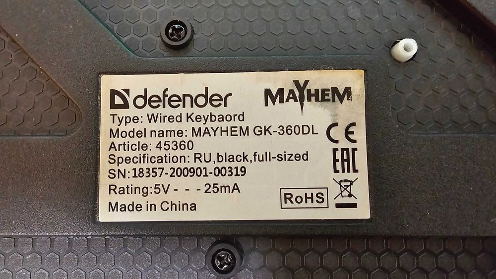 Клавіатура ігрова DEFENDER Mayhem GK-360DL RGB райдужне підсвічування