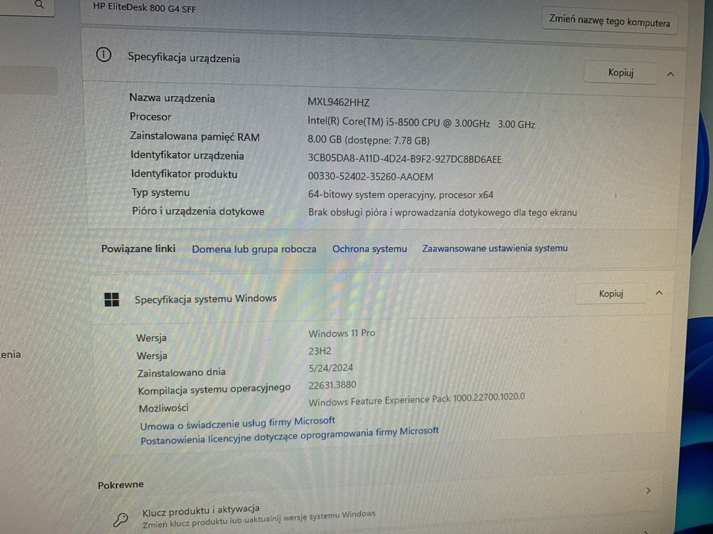 Komputer HP 800 G4 i5-8500/8GB DDR4/DVDRW/256GB SSD+500hdd/WIN11