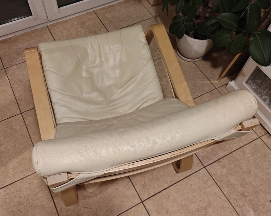 Fotel Bujany Krzesło Ikea Poang Pello Skóra Skórzany Kremowy
