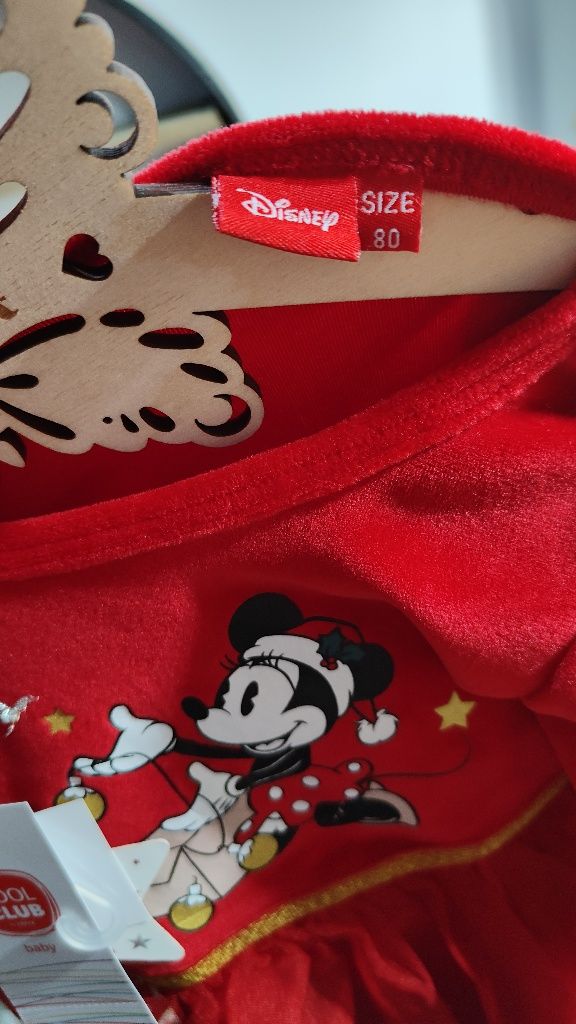 Czerwona sukienka Disney tiul świąteczna myszka Miki 80 opaska zestaw