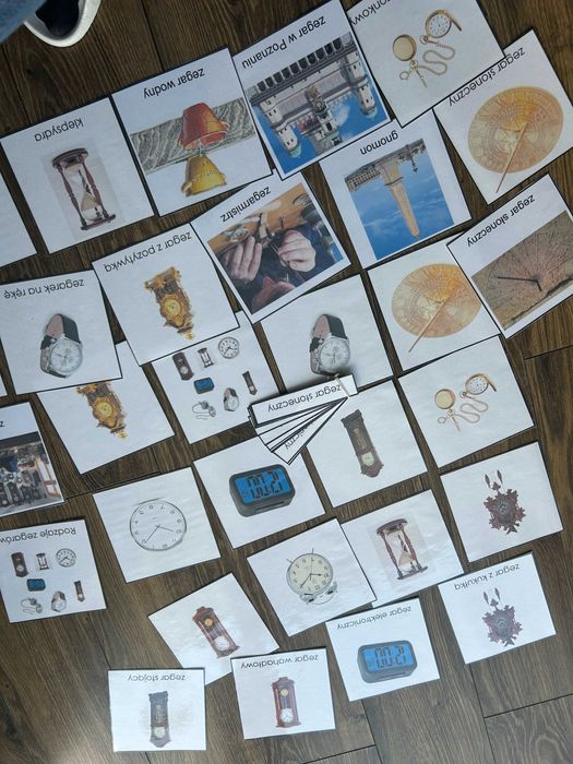 Karty trójdzielne, rodzaje zegarów, zegar, Montessori, do terapii, nau