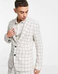 Elegancki Modny Nowoczesny jasny kremowy garnitur w kratkę Ecru 50/52