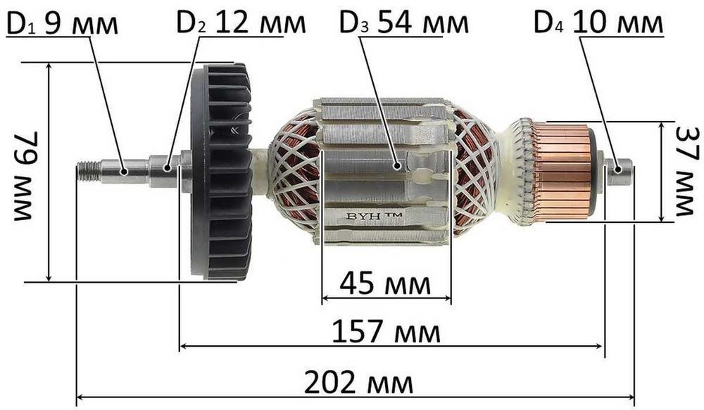 Якорь болгарки Makita 9020 (202*54 посадка 9мм) 1 кл 517793-7, як1340