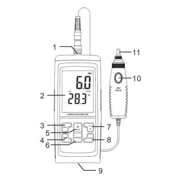 Miernik Wibracji Cyfrowy Wibrometr Czujnik Drgań Sonda Przewodowa LCD