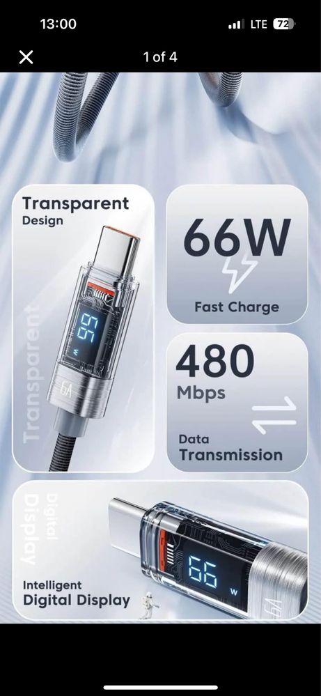KABEL 2M USB-C type C  66W+miernik wyswietlacz
