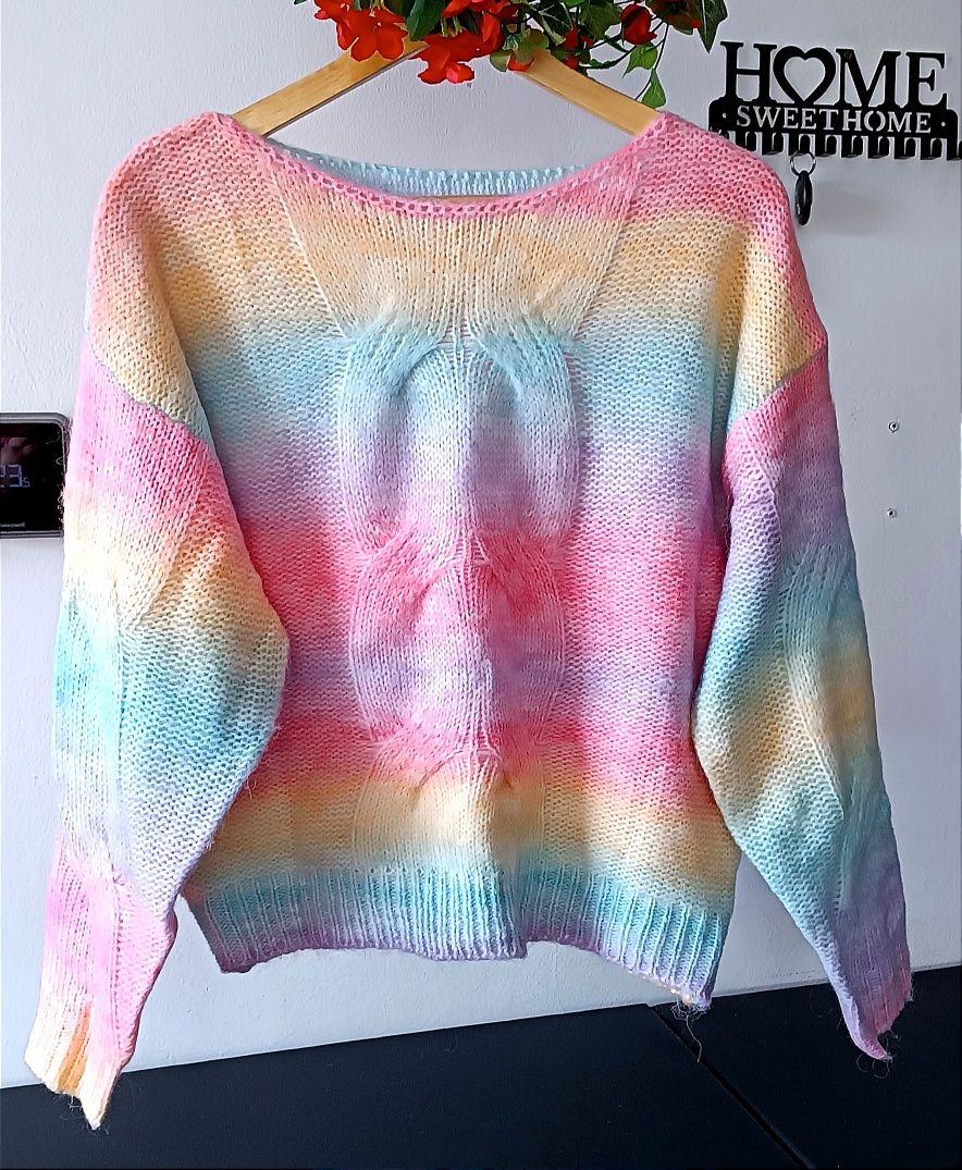 NOWY kolorowy puszysty sweter r. L z wełną efektem OMBRE i warkoczem