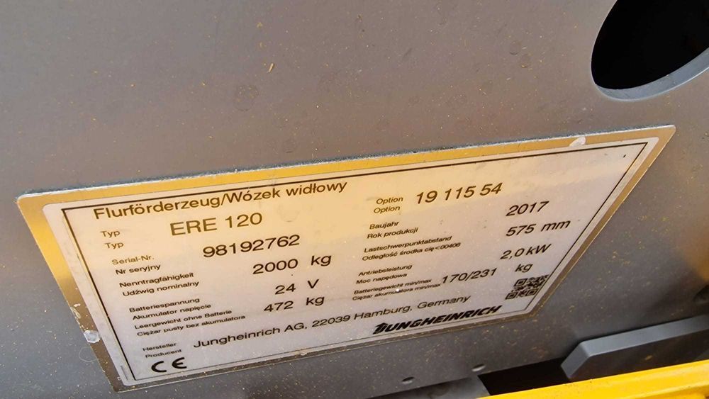 Jungheinrich ERE 120 Wózek niskiego unoszenia 2017r rydwan Paleciak