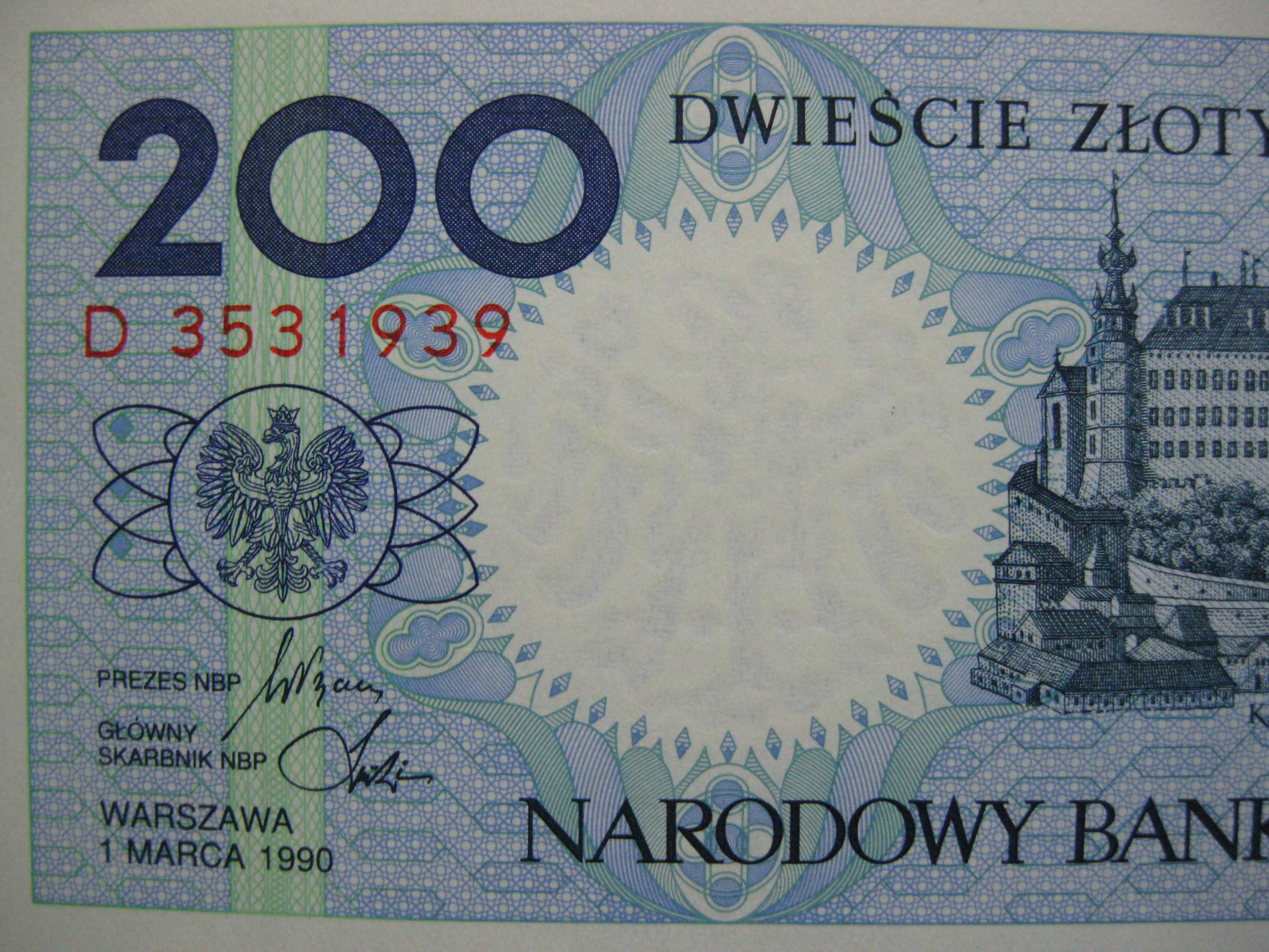 Banknot NBP MIASTA POLSKIE dwieście zł. 200 zł 1990 r Kraków ser D UNC