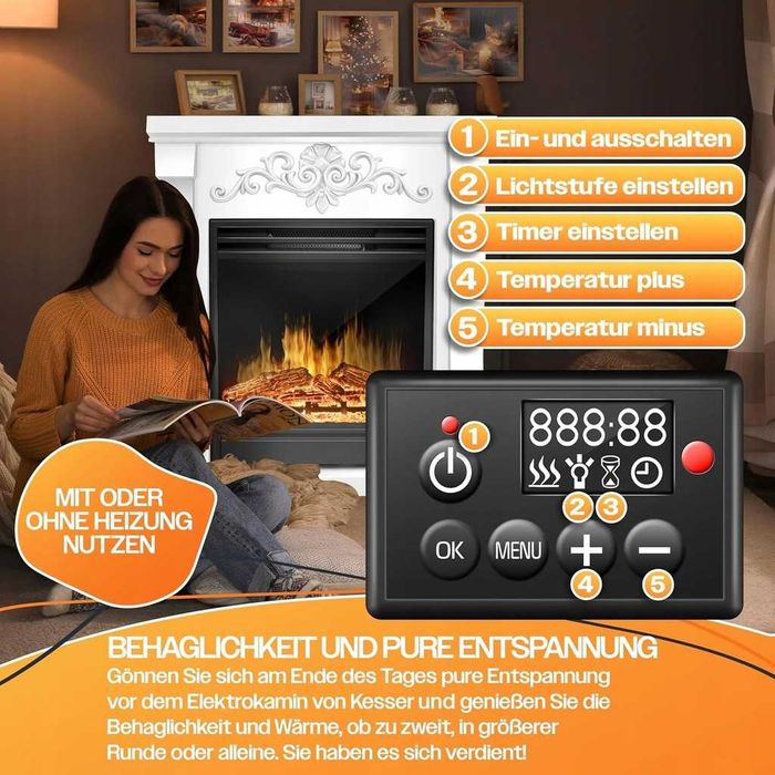 Kominek elektryczny KESSER z efektem płomienia LED 3D funkcją grzania