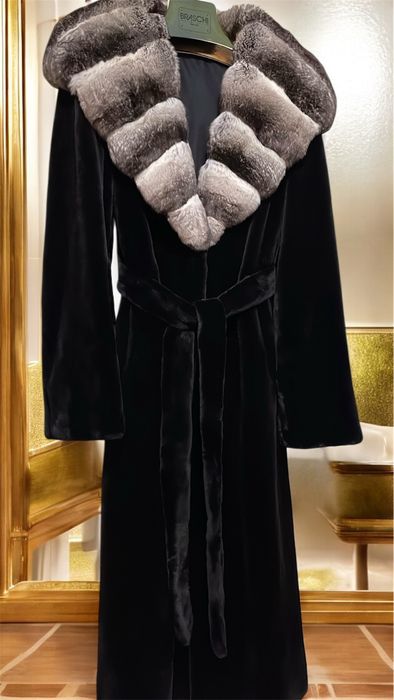 Шуба пальто норка Nata з капошоном з шиншили  115 см р.46-48