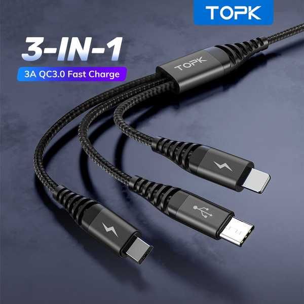 Kabel USB 3w1 -  USB typ C / microUSB / Lightning TOPK 1,2 m