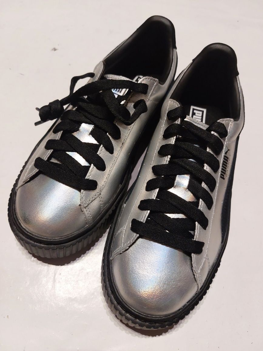PUMA sneakersy trampki na platformie 37 37.5 skórzane srebrne silver