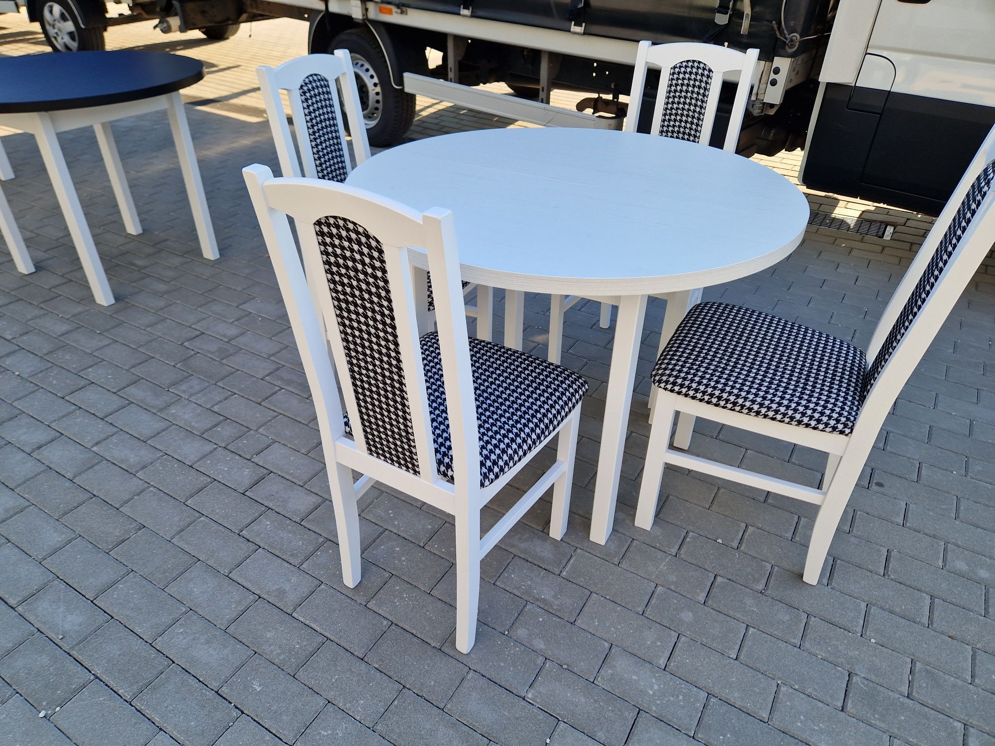 Nowe: Stół okrągły + 4 krzesła, biały + pepitka , transport PL