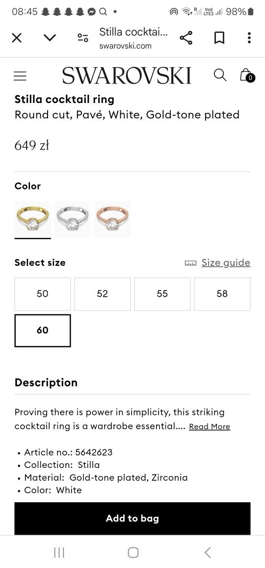 Nowy pierścionek Swarovski rozmiar 60