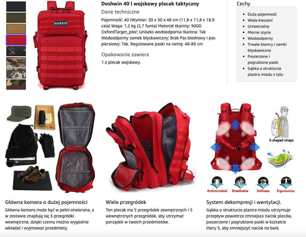DOSHWIN Taktyczny plecak wojskowy Molle Camp szturmowy 40 L