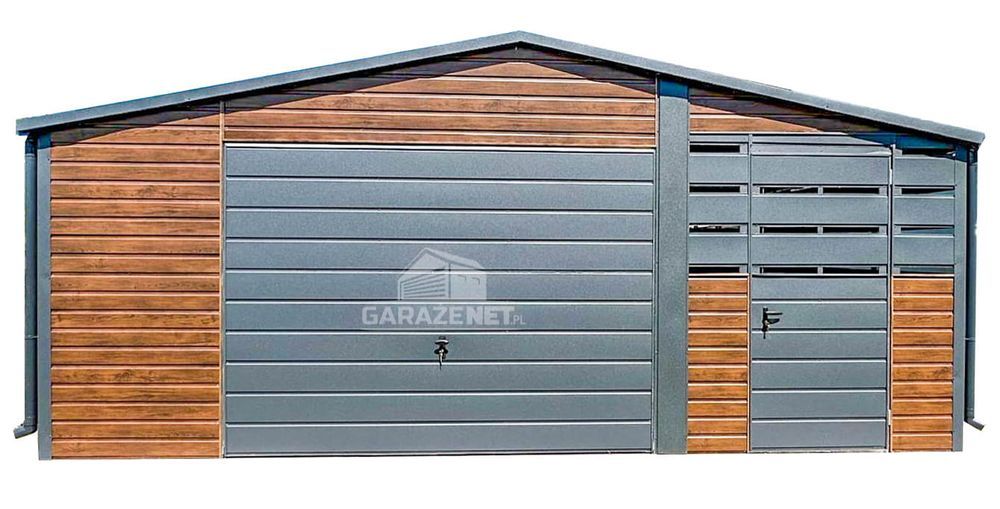 GARAŻ BLASZANY 4,5X6M + Wiata 2M - 2X Drzwi - Okno - Rynny - TS741
