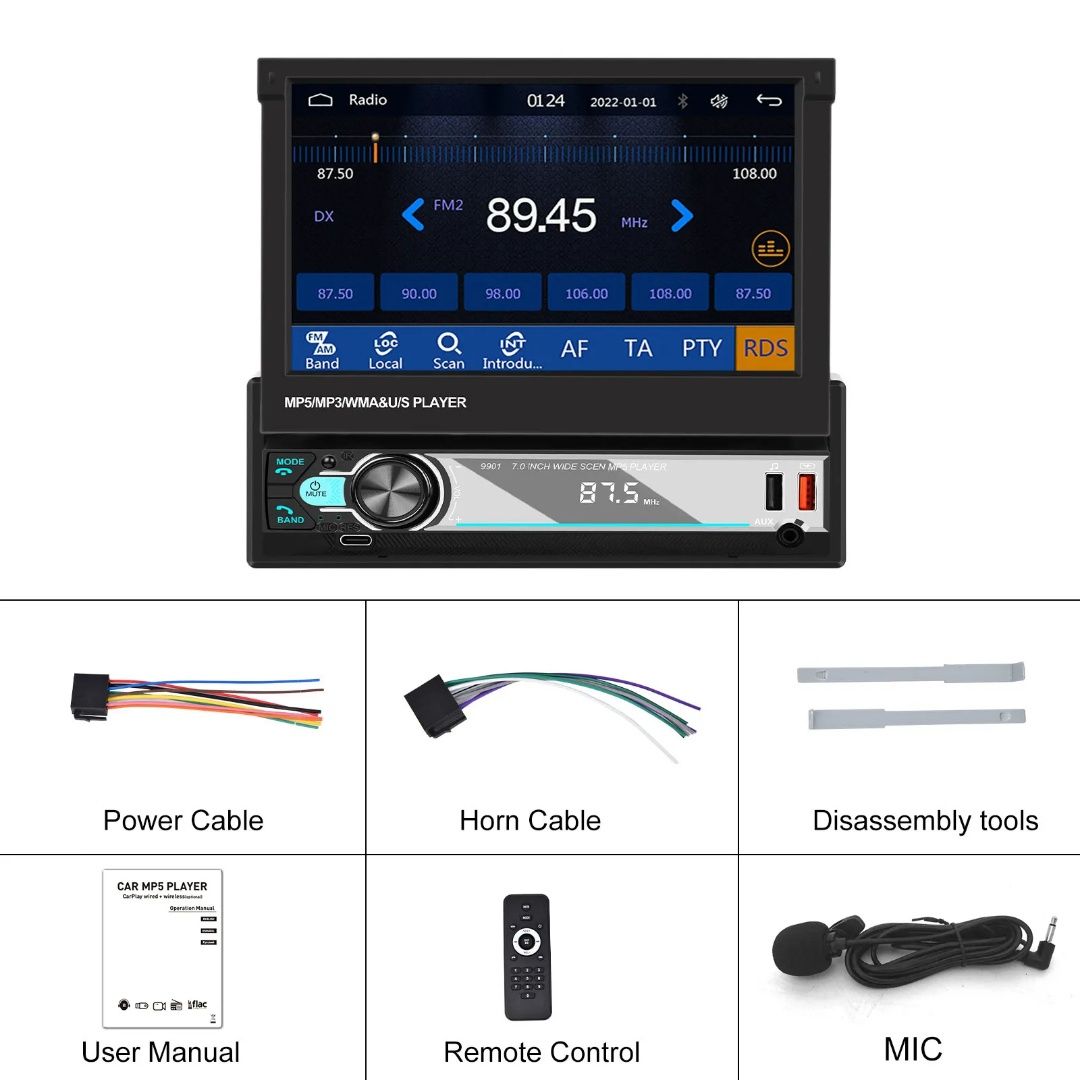 Rádio 1din Retrátil 7 polegadas CARPLAY Android auto Touch BT USB novo