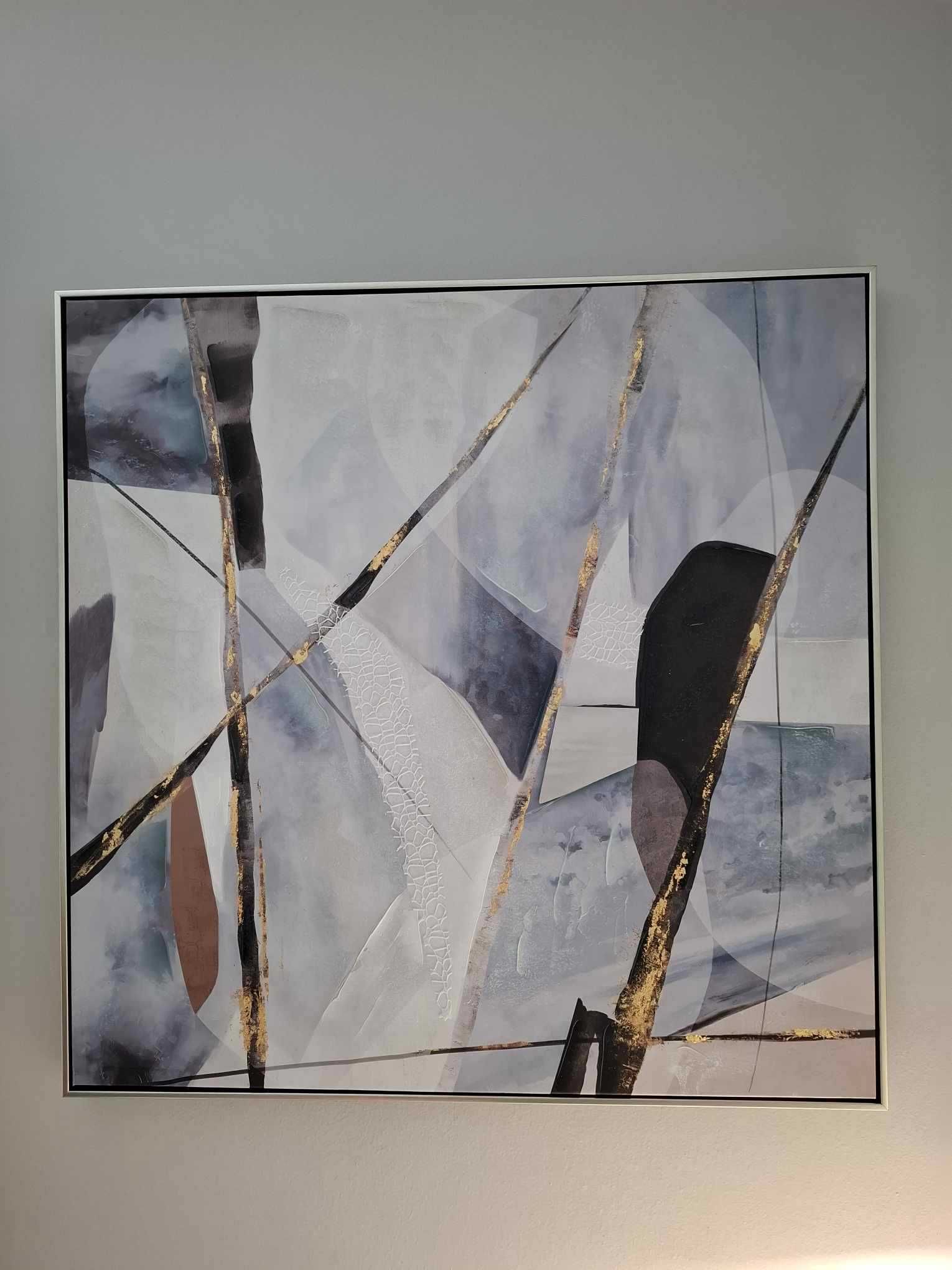 Nowoczesny niebieski obraz na płótnie w srebrnej ramie, 85 x 85 cm