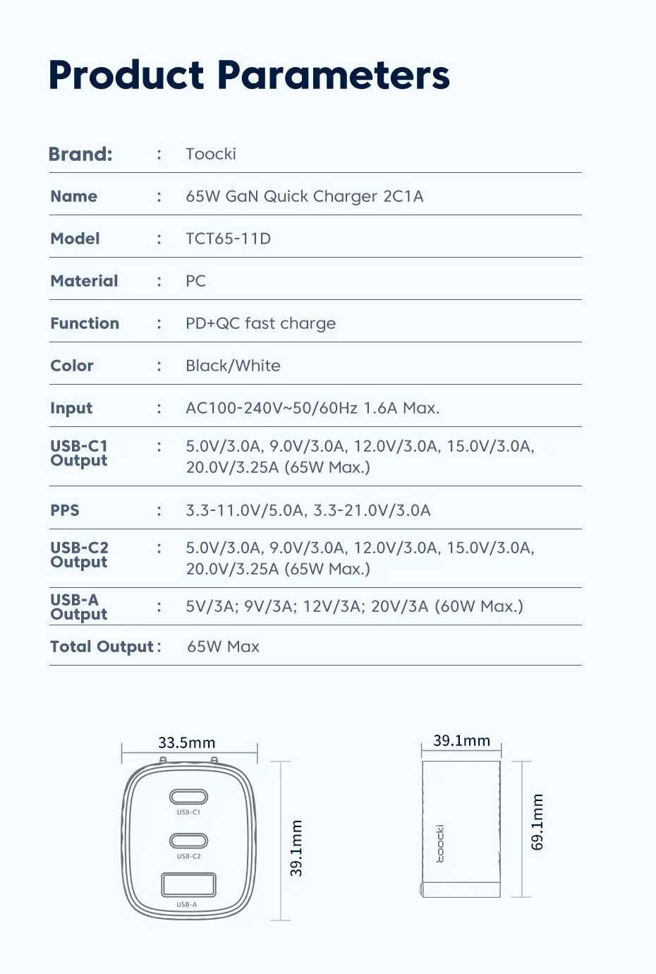 Швидка зарядка Toocki 65W GaN для Macbook, iPhone, Samsung, Xiaomi