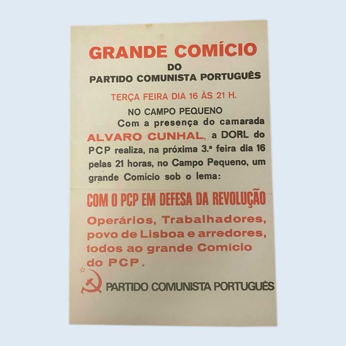 Folheto Grande Comício "Com o PCP Em defesa da Revolução"