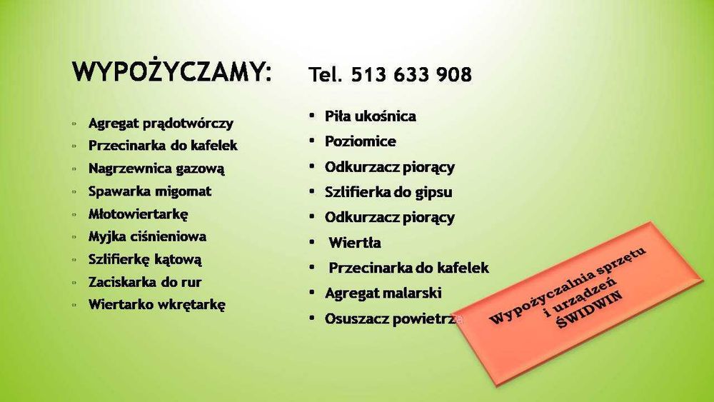 Wypożyczalnia Świdwin - narzędzi i urządzeń budowlanych