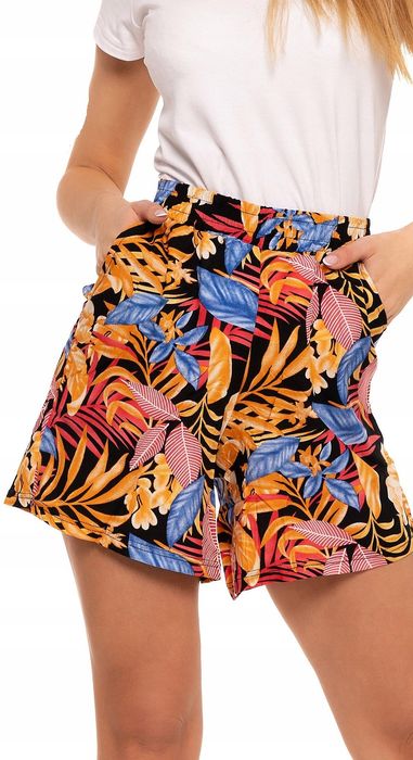 Damskie Szorty Kwiaty Gumka  Pasie Wiskoza Klasyka Przewiewne Moraj Xl