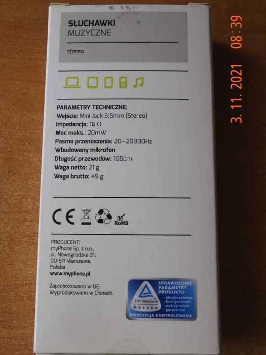 Słuchawki muzyczne stereo MyPhone zamek YKK