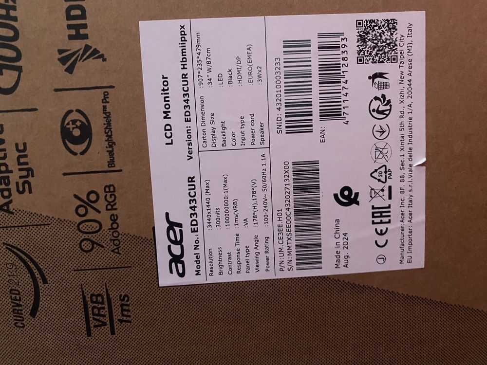 Monitor gamingowy zakrzywiony ACER Nitro ED343CURHbmiippx 34"