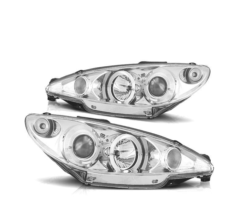 FARÓIS ANGEL EYES CCFL PEUGEOT 206 H4 98-06 FUNDO CROMADO