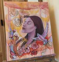 Obraz olejny ręcznie malowany kobieta / abstrakcja / róż / beż