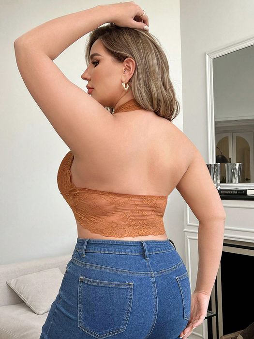 Top Crop Gorsetowy Koronkowy Głęboki Dekolt Brązowy Casual Shein 4Xl