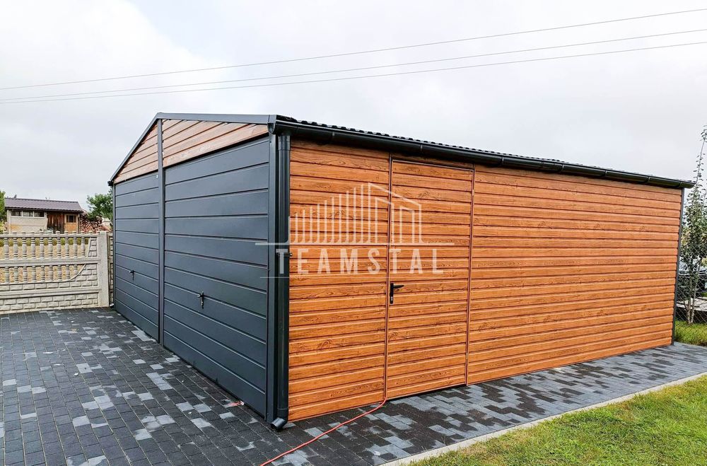 GARAŻ BLASZANY 6m x 6m 2x Brama orzech + antracyt drzwi TS248 6x6