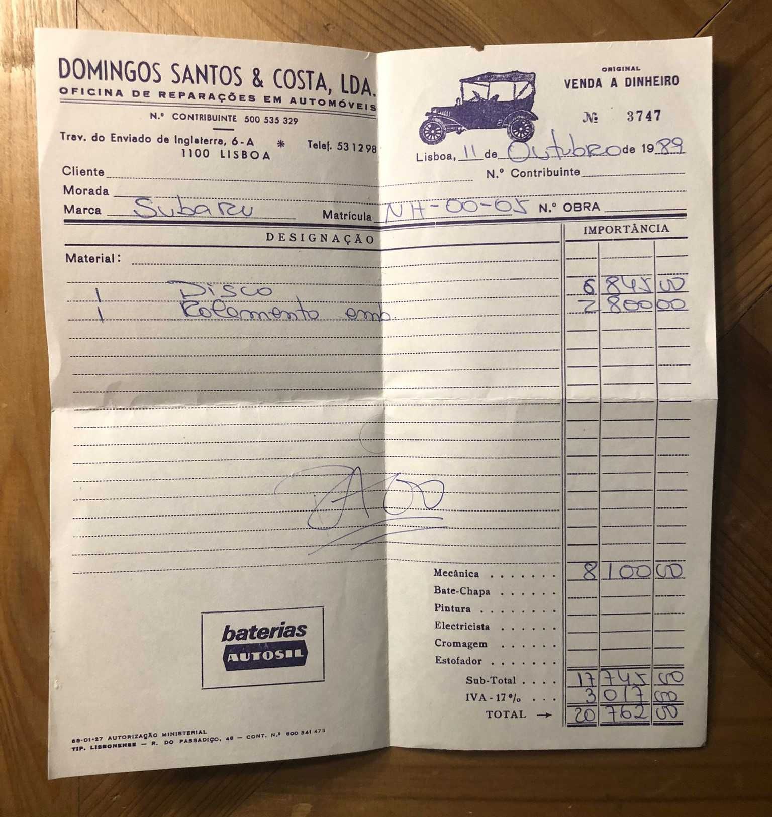 Antiga Fatura de Oficina Domingos Santos & Costa - 1989