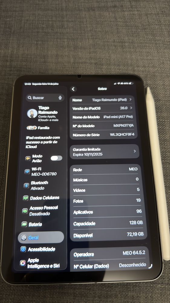 Ipad mini 7 celular 128 gb com pencil pto e smart folio